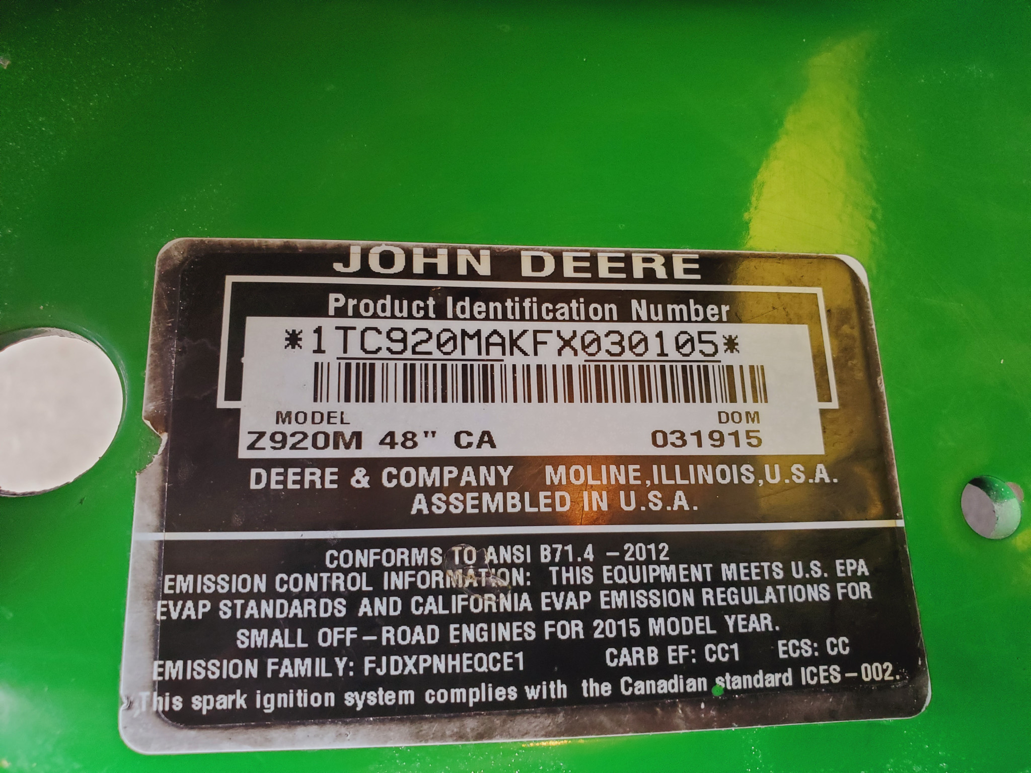 
								2015 John Deere Z920M full									